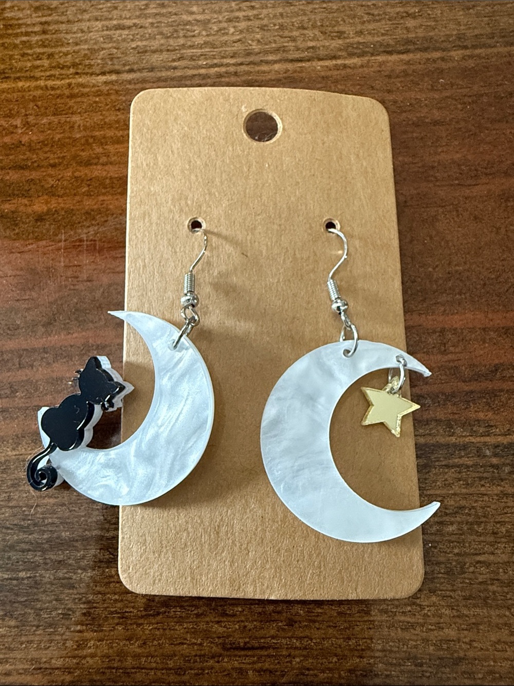 Pearlescent Crescent Moon Earrings with Cat and Star Charms